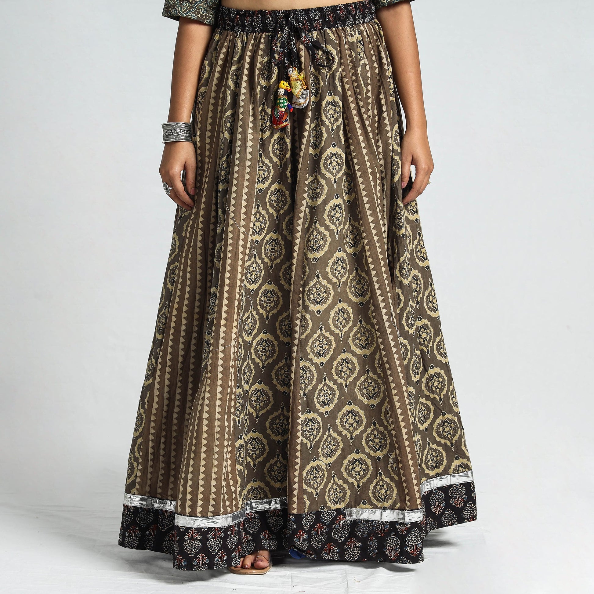 Brown - Ajrakh Block Printed 24 Kali Patchwork Cotton Long Skirt