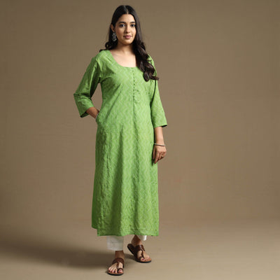 Apple Green - Plain Cotton Tagai Work Long Straight Kurta