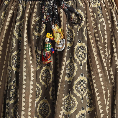 Brown - Ajrakh Block Printed 24 Kali Patchwork Cotton Long Skirt