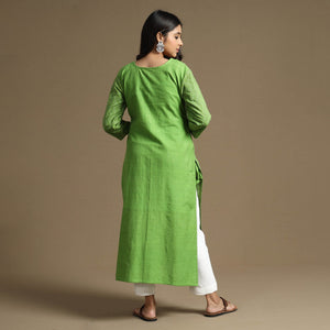 Apple Green - Plain Cotton Tagai Work Long Straight Kurta