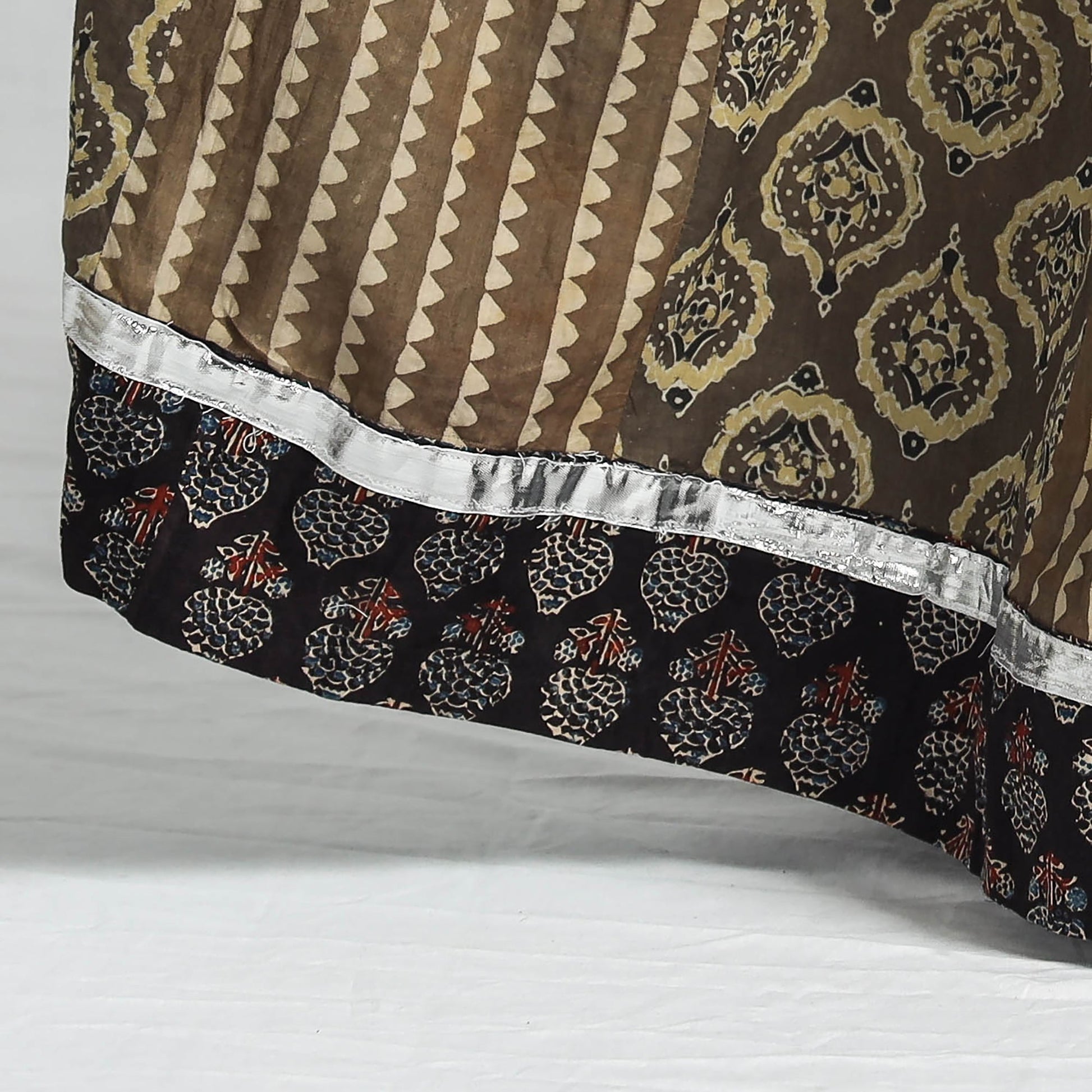 Brown - Ajrakh Block Printed 24 Kali Patchwork Cotton Long Skirt