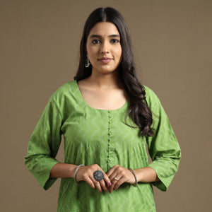 Apple Green - Plain Cotton Tagai Work Long Straight Kurta