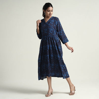 Blue - Bagh Block Printed Cotton Dress