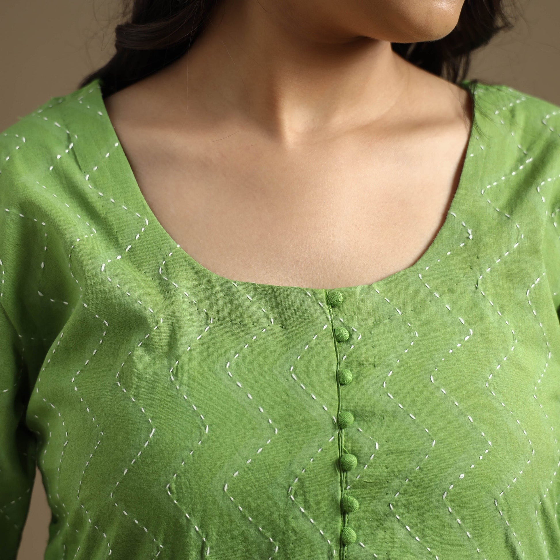Apple Green - Plain Cotton Tagai Work Long Straight Kurta