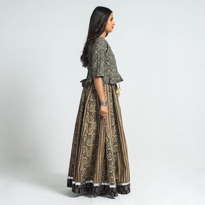Brown - Ajrakh Block Printed 24 Kali Patchwork Cotton Long Skirt