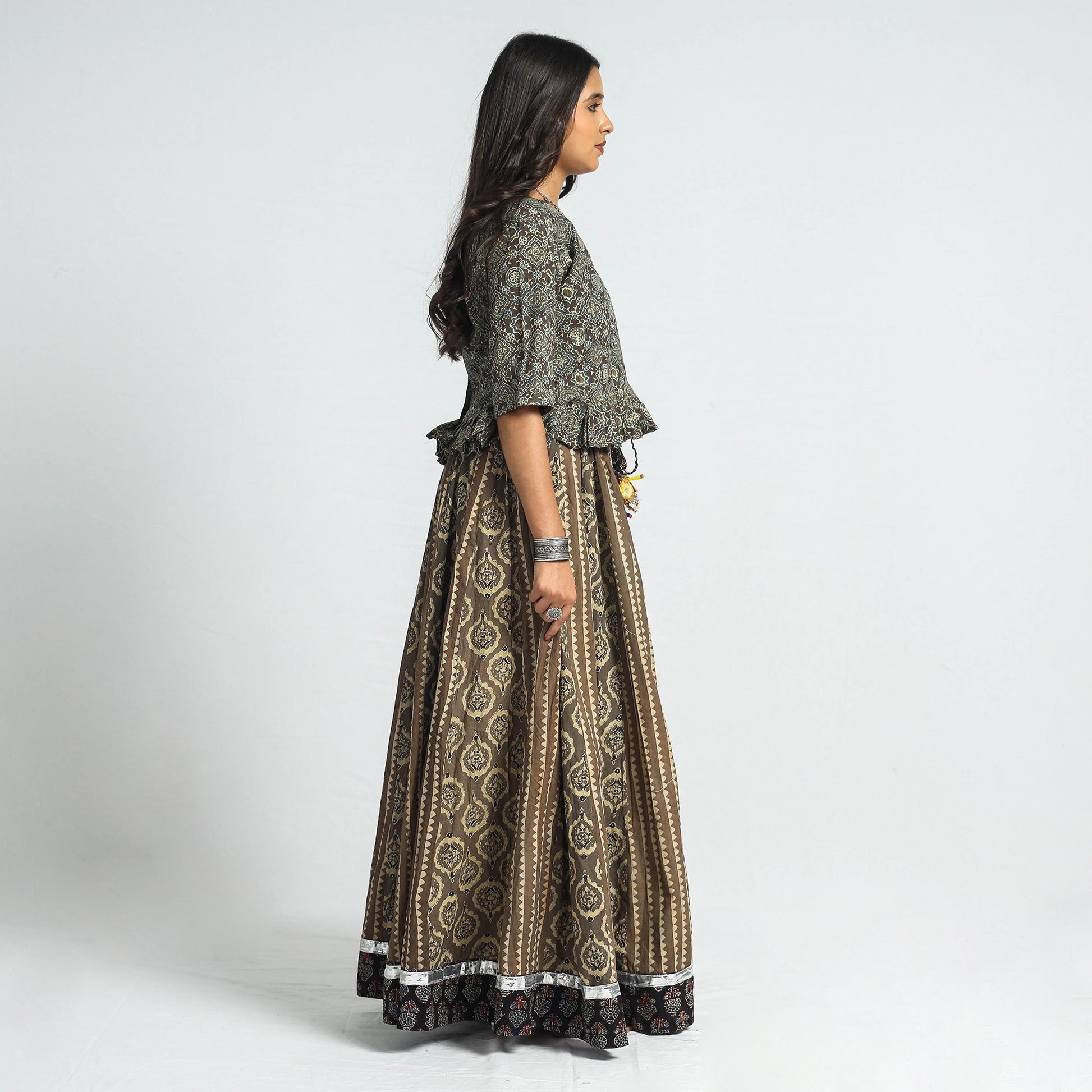 Brown - Ajrakh Block Printed 24 Kali Patchwork Cotton Long Skirt
