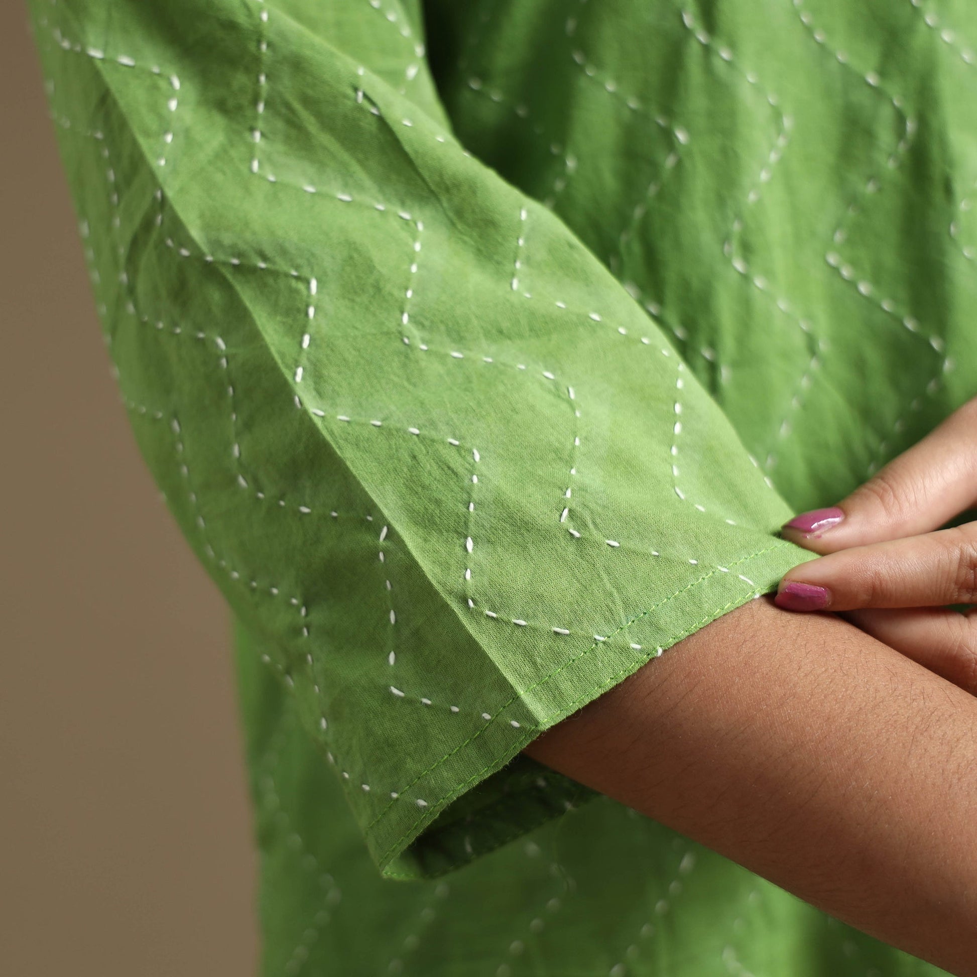 Apple Green - Plain Cotton Tagai Work Long Straight Kurta