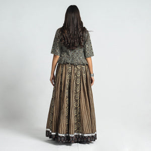 Brown - Ajrakh Block Printed 24 Kali Patchwork Cotton Long Skirt