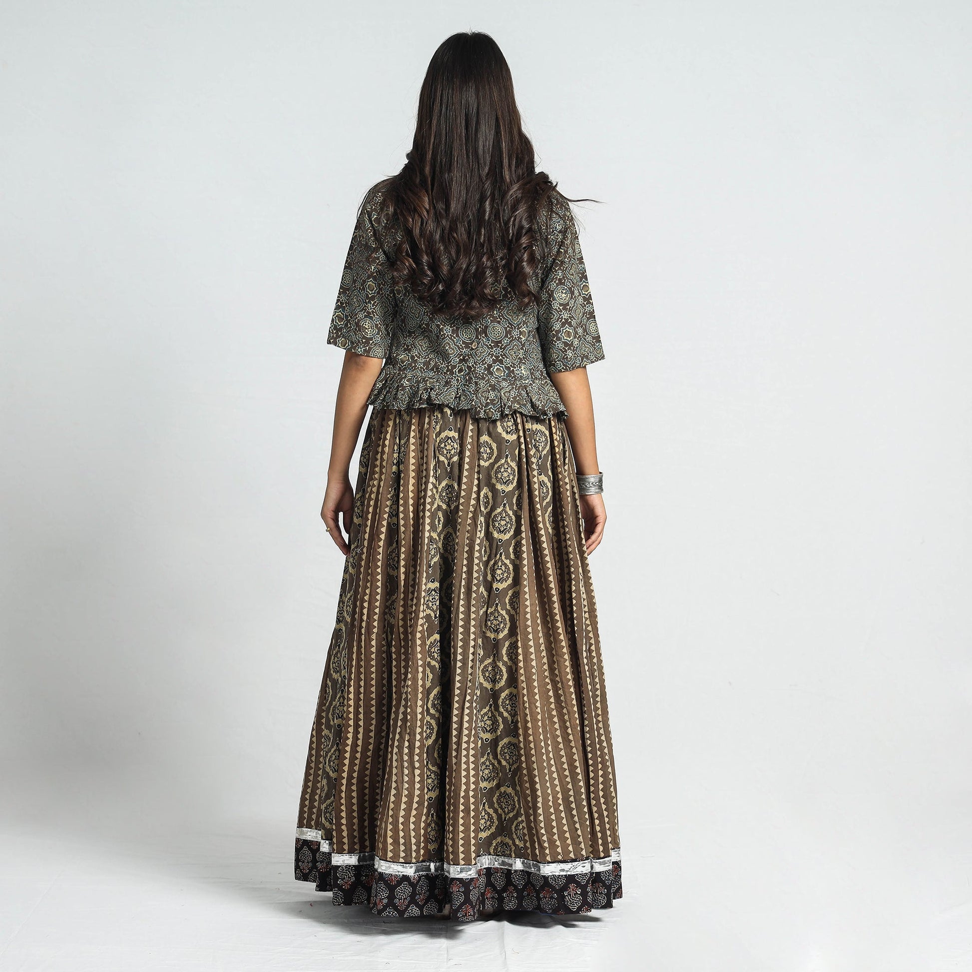 Brown - Ajrakh Block Printed 24 Kali Patchwork Cotton Long Skirt