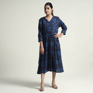 Blue - Bagh Block Printed Cotton Dress