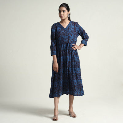 Blue - Bagh Block Printed Cotton Dress