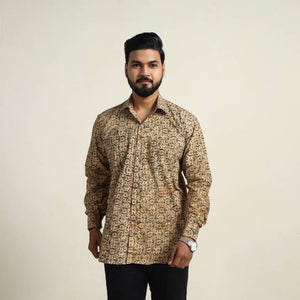 Beige - Pedana Block Print Cotton Men Kalamkari Shirt 15