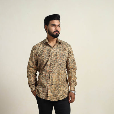 Beige - Pedana Block Print Cotton Men Kalamkari Shirt 15