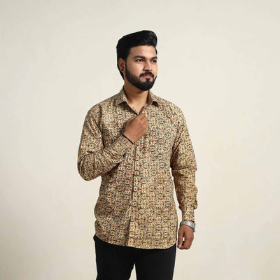 Beige - Pedana Block Print Cotton Men Kalamkari Shirt 15