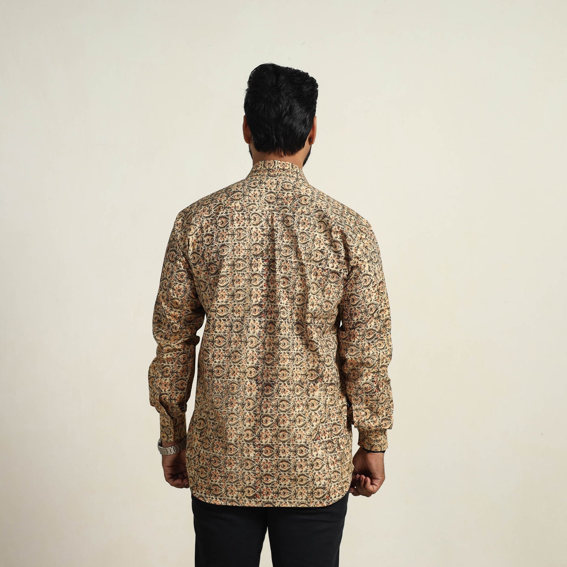 Beige - Pedana Block Print Cotton Men Kalamkari Shirt 15