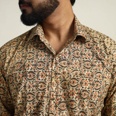 Beige - Pedana Block Print Cotton Men Kalamkari Shirt 15