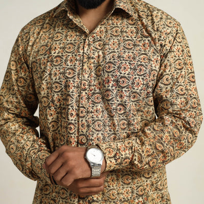 Beige - Pedana Block Print Cotton Men Kalamkari Shirt 15