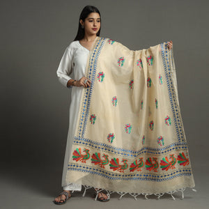 Beige - Phulkari Hand Embroidery Kota Doria Chanderi Silk Dupatta with Tassels 12