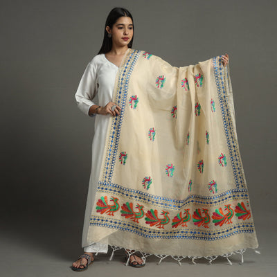 Beige - Phulkari Hand Embroidery Kota Doria Chanderi Silk Dupatta with Tassels 12