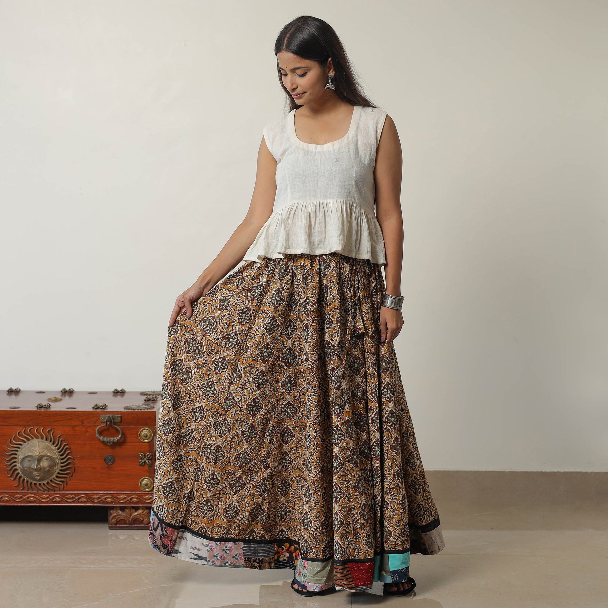 Brown - Bagru Block Printed 24 Kali Patchwork Cotton Long Skirt 25