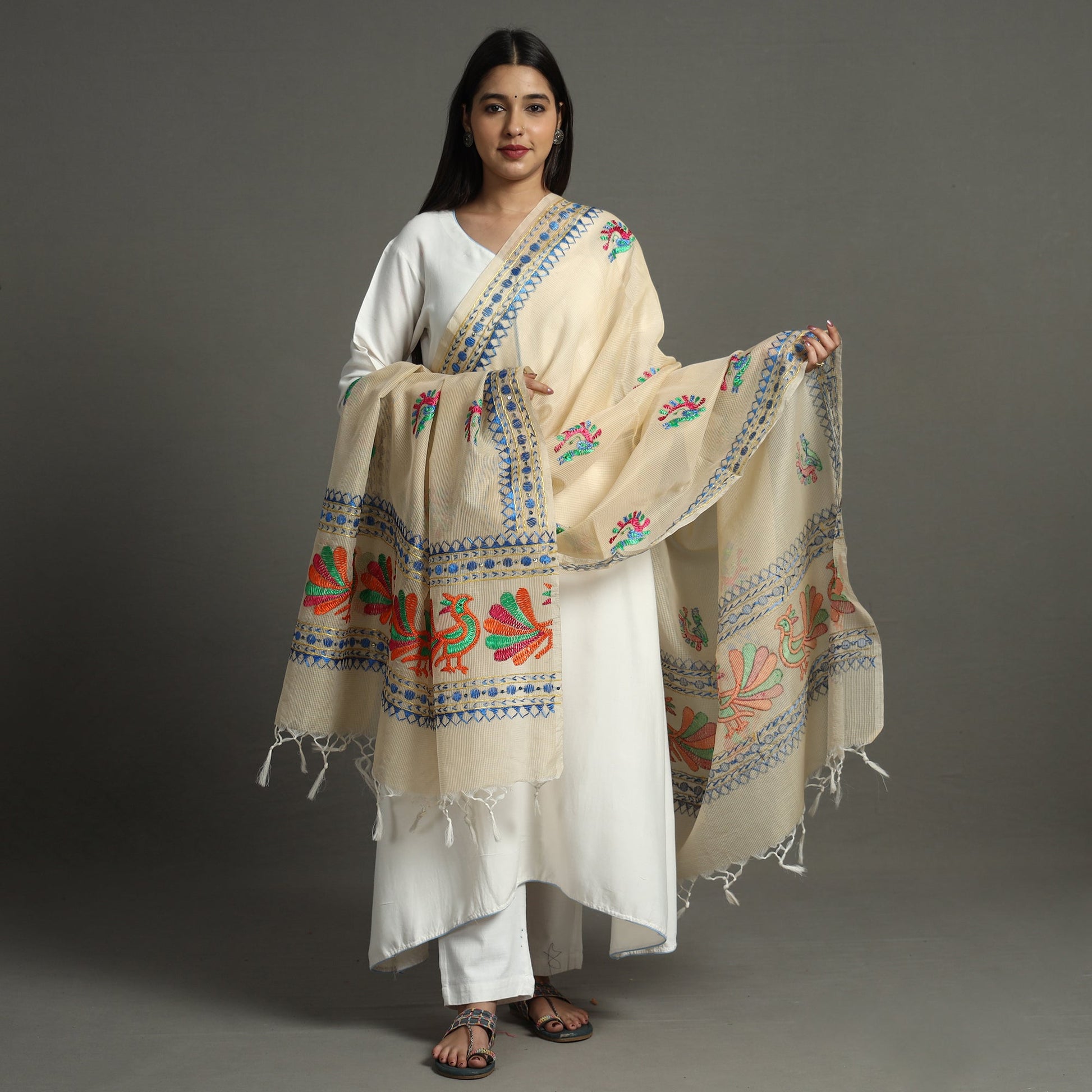 Beige - Phulkari Hand Embroidery Kota Doria Chanderi Silk Dupatta with Tassels 12