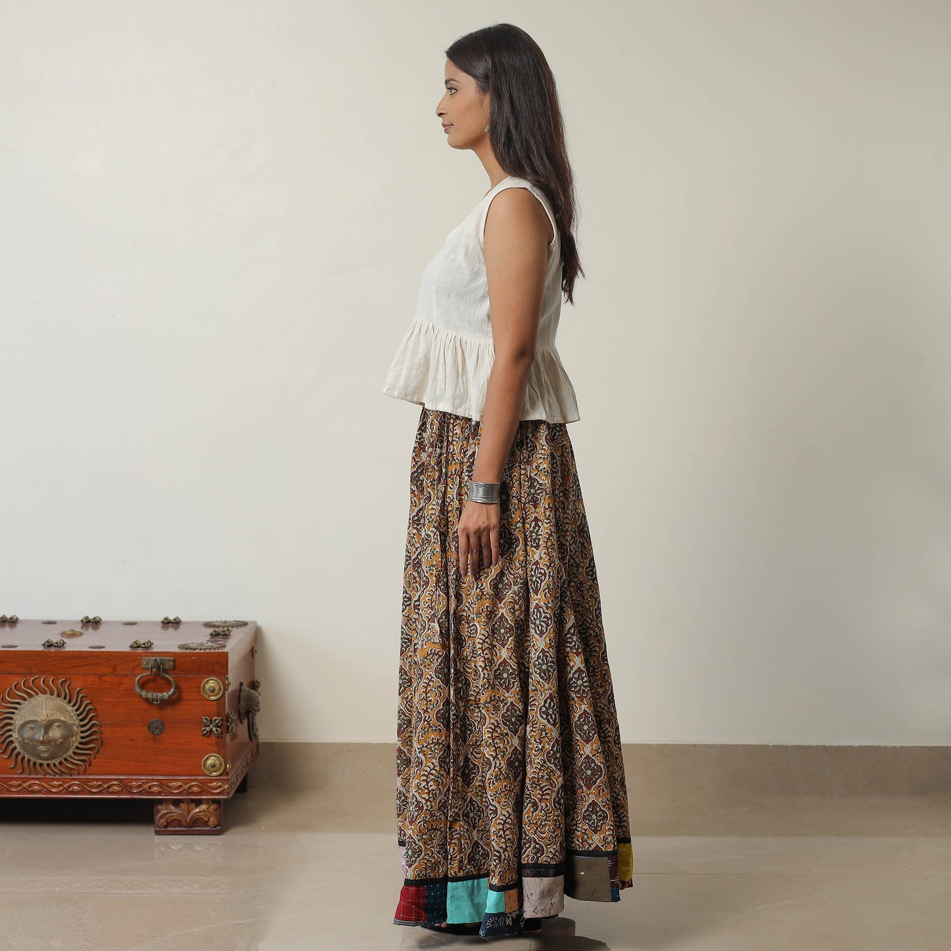 Brown - Bagru Block Printed 24 Kali Patchwork Cotton Long Skirt 25