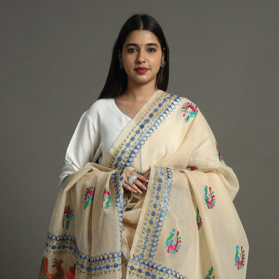 Beige - Phulkari Hand Embroidery Kota Doria Chanderi Silk Dupatta with Tassels 12