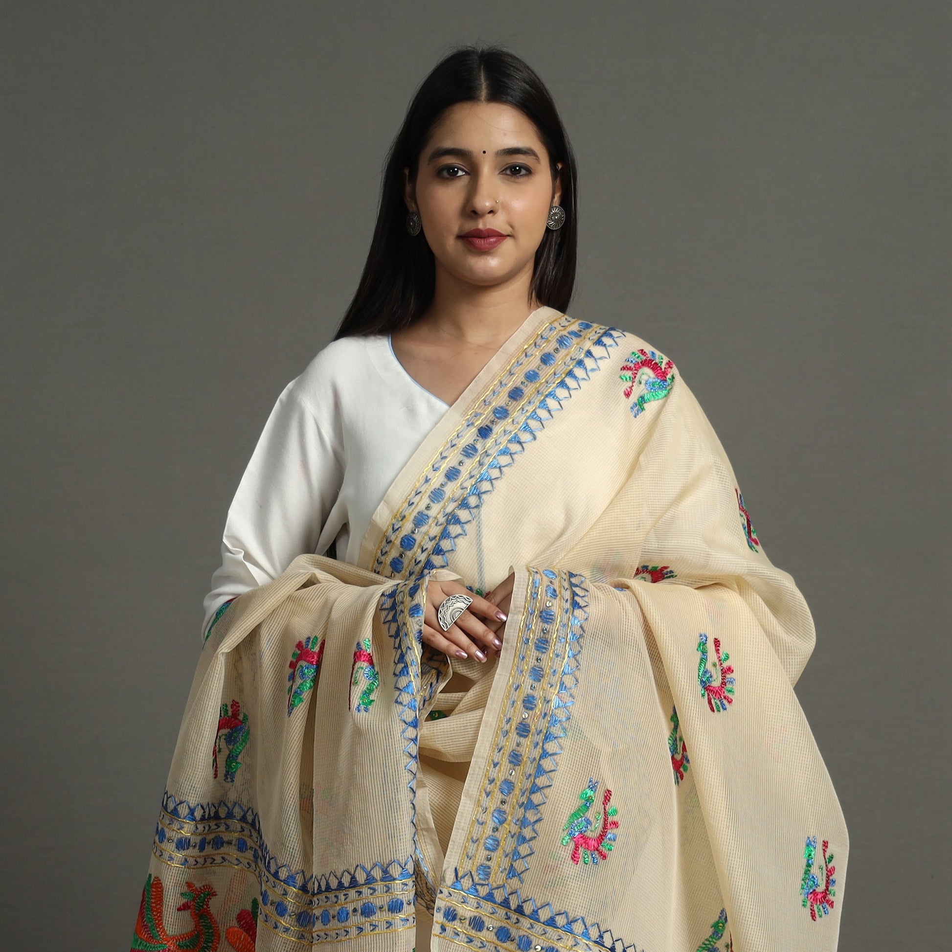 Beige - Phulkari Hand Embroidery Kota Doria Chanderi Silk Dupatta with Tassels 12