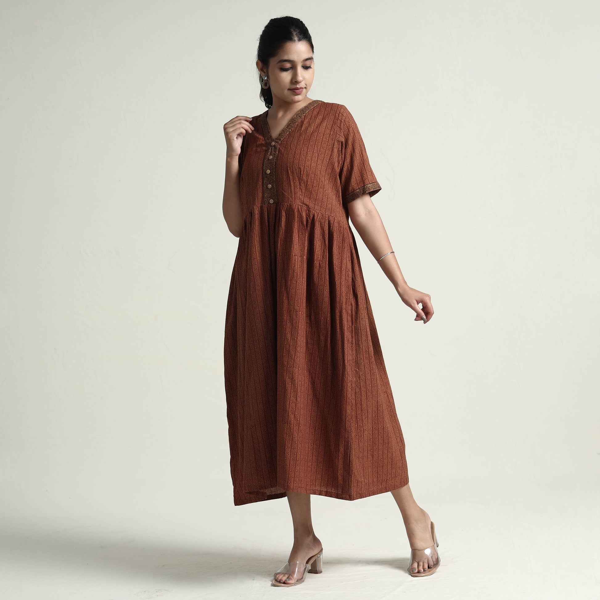 Brown - Bagh Block Printed Cotton Dress