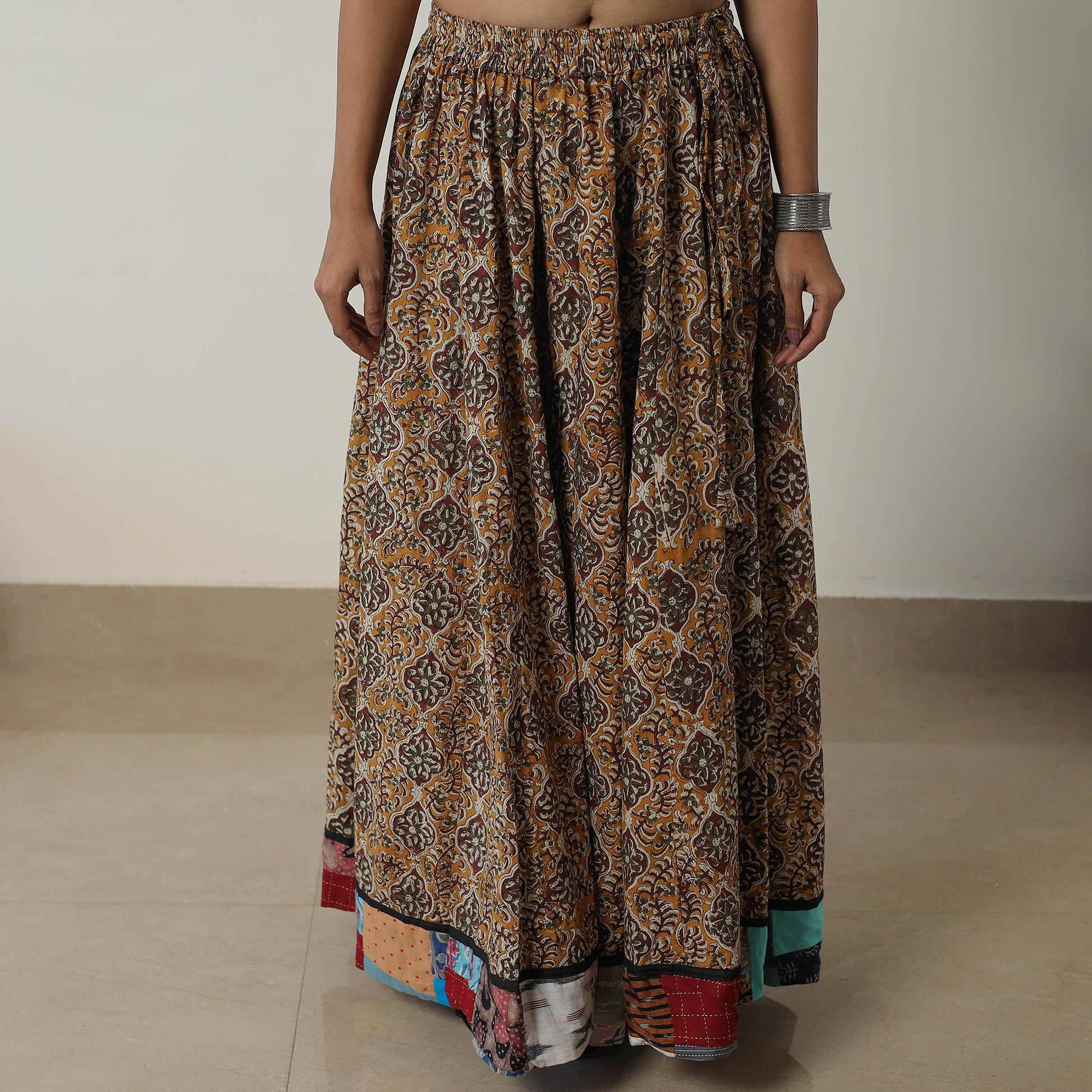 Brown - Bagru Block Printed 24 Kali Patchwork Cotton Long Skirt 25
