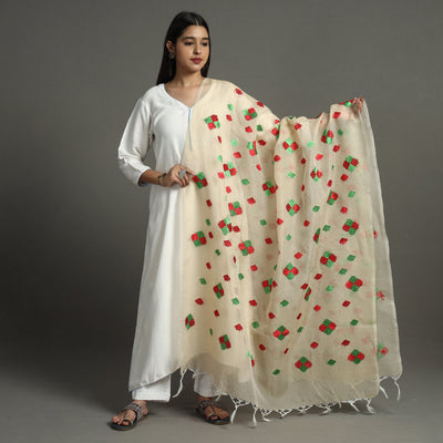Beige - Phulkari Hand Embroidery Kota Doria Chanderi Silk Dupatta with Tassels 13