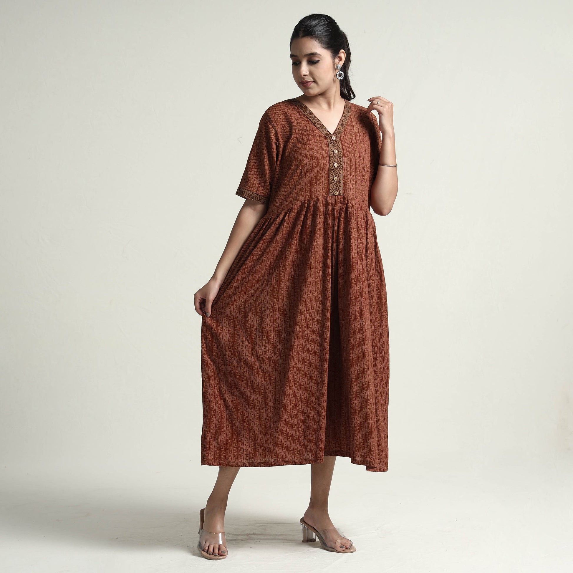 Brown - Bagh Block Printed Cotton Dress