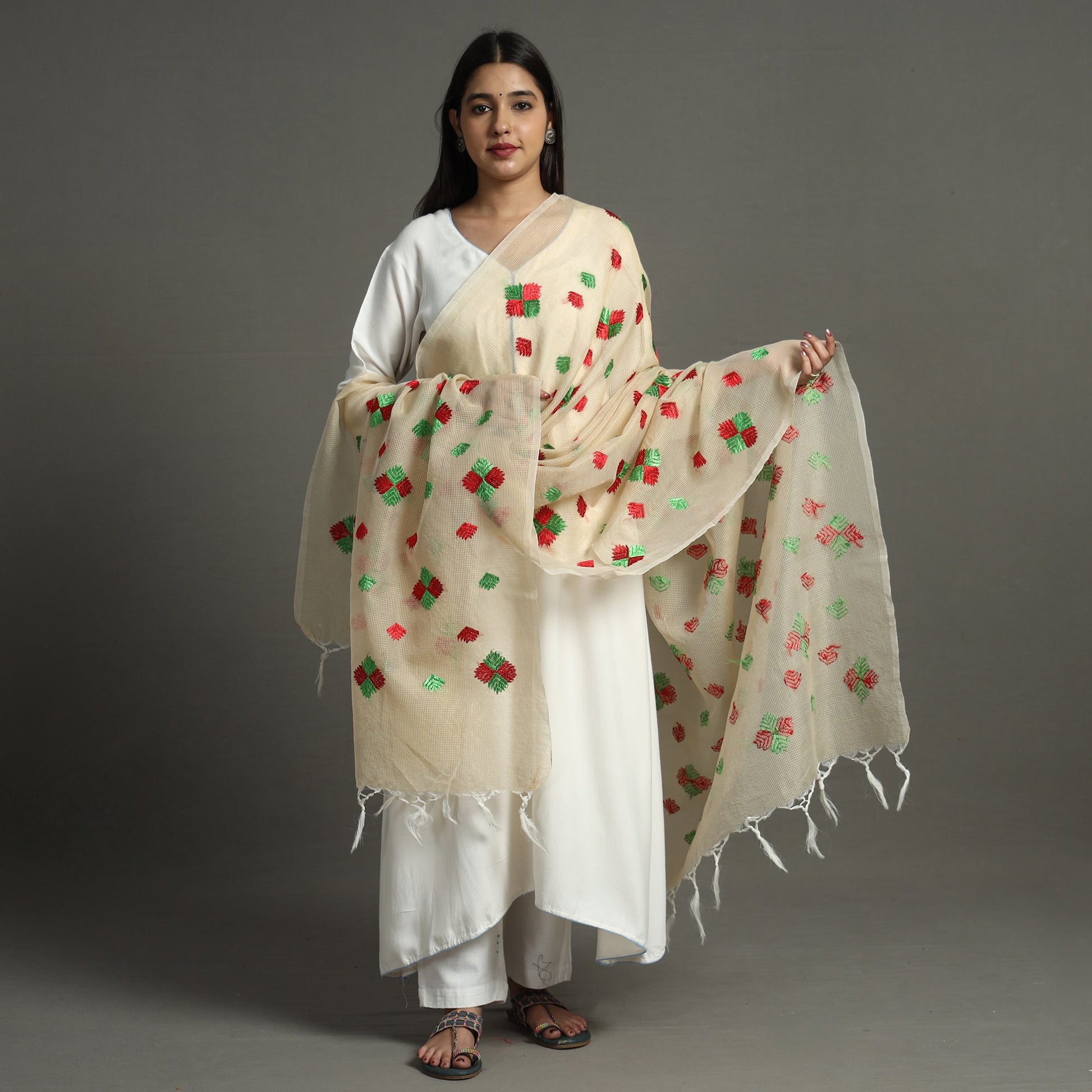 Beige - Phulkari Hand Embroidery Kota Doria Chanderi Silk Dupatta with Tassels 13