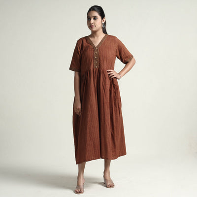 Brown - Bagh Block Printed Cotton Dress