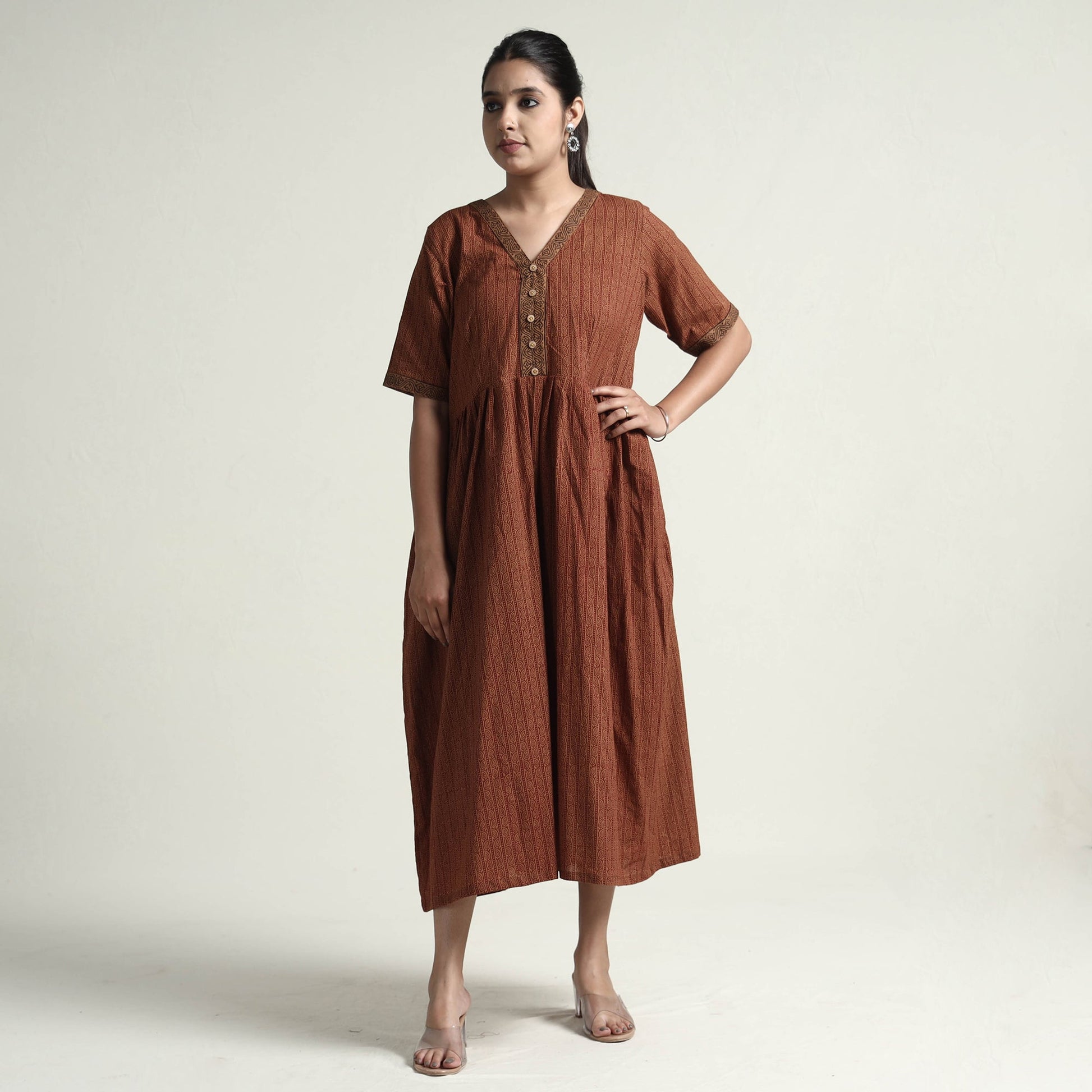 Brown - Bagh Block Printed Cotton Dress