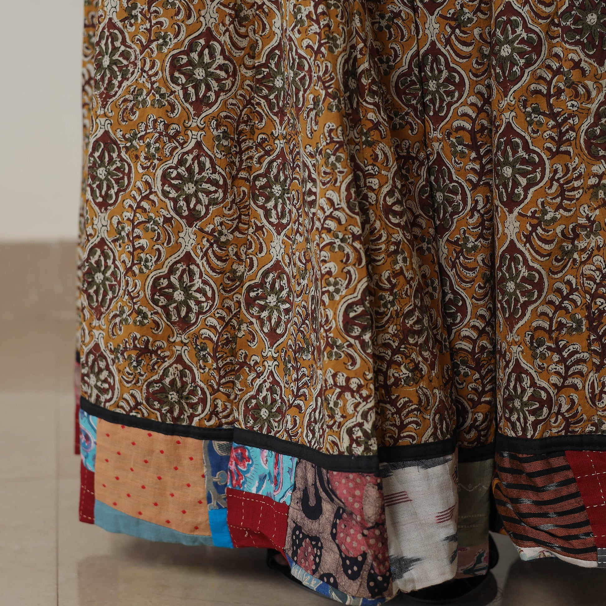 Brown - Bagru Block Printed 24 Kali Patchwork Cotton Long Skirt 25