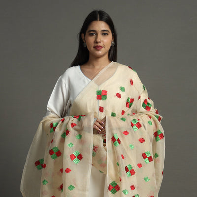 Beige - Phulkari Hand Embroidery Kota Doria Chanderi Silk Dupatta with Tassels 13