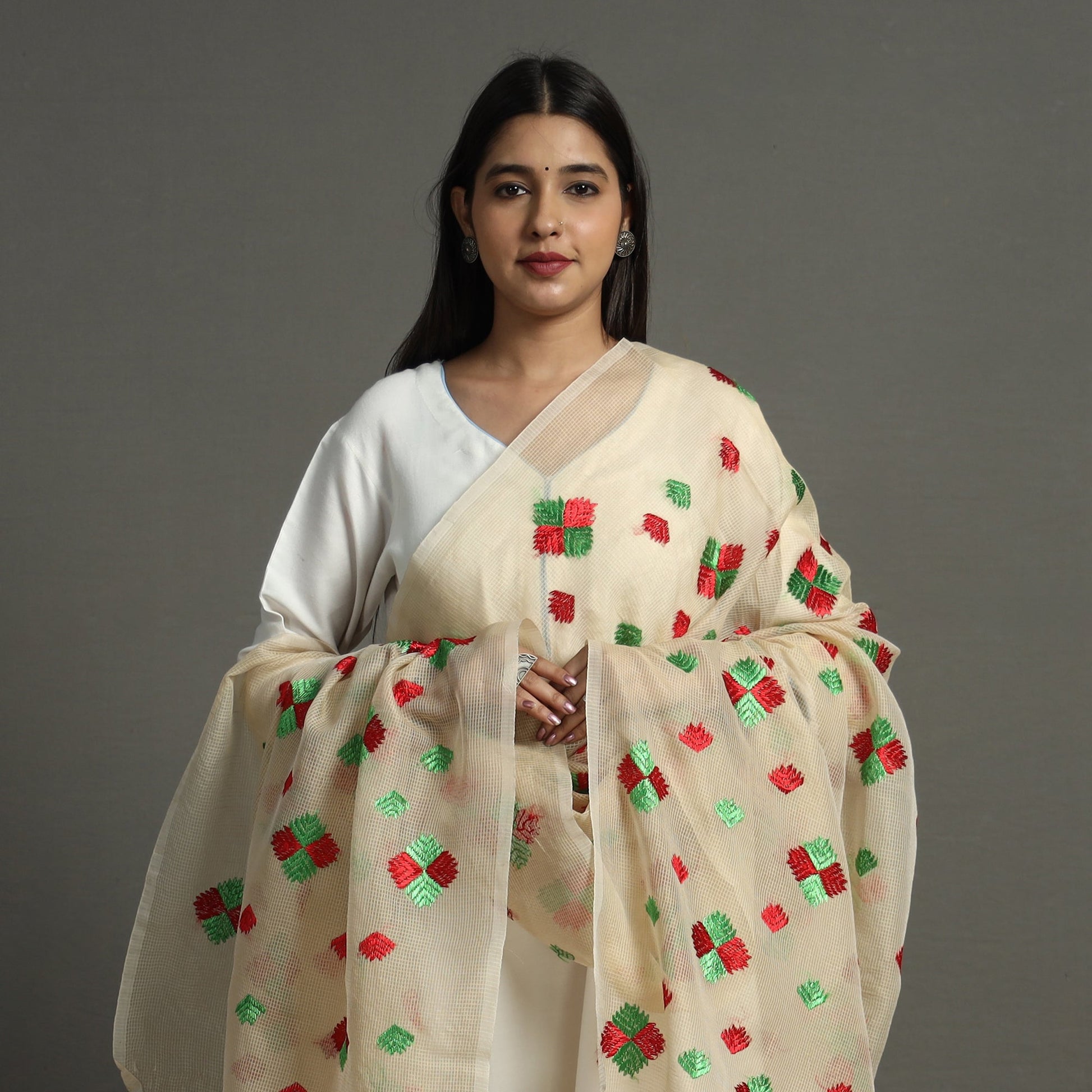 Beige - Phulkari Hand Embroidery Kota Doria Chanderi Silk Dupatta with Tassels 13