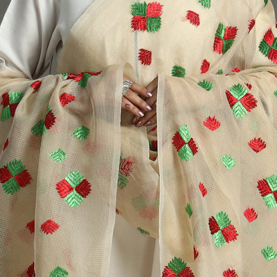 Beige - Phulkari Hand Embroidery Kota Doria Chanderi Silk Dupatta with Tassels 13