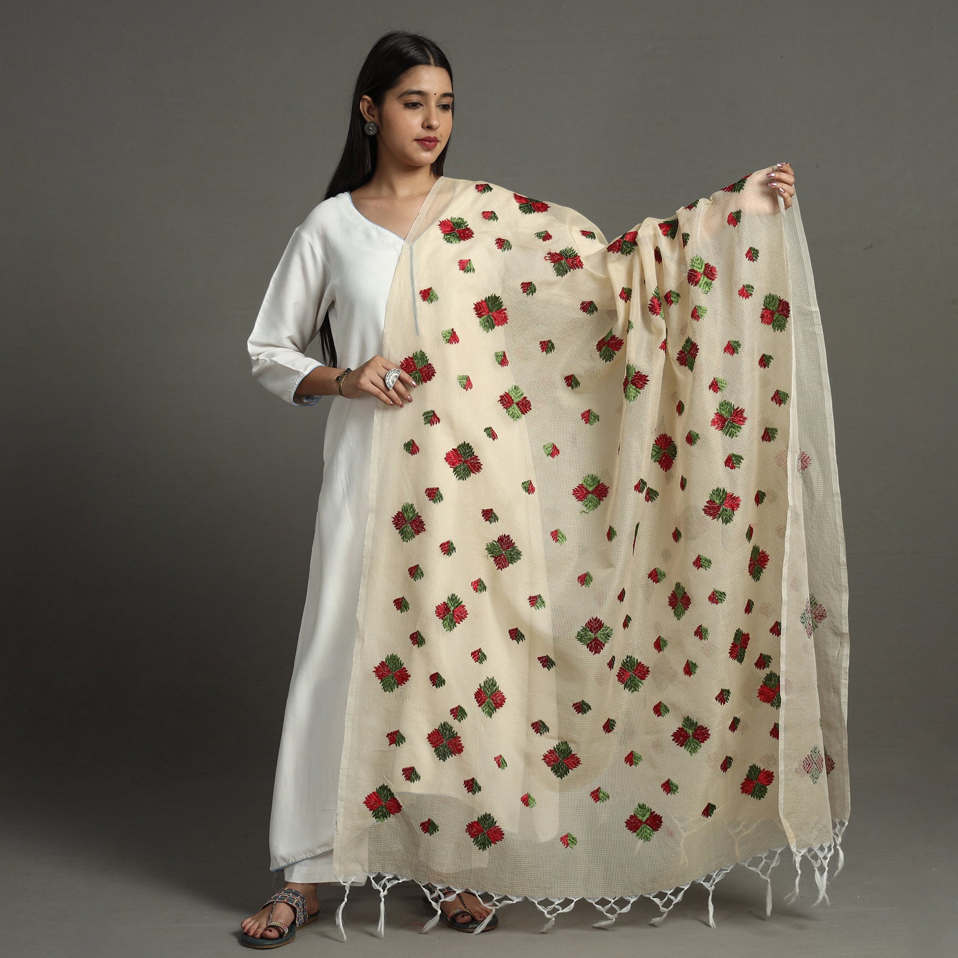 Beige - Phulkari Hand Embroidery Kota Doria Chanderi Silk Dupatta with Tassels 14