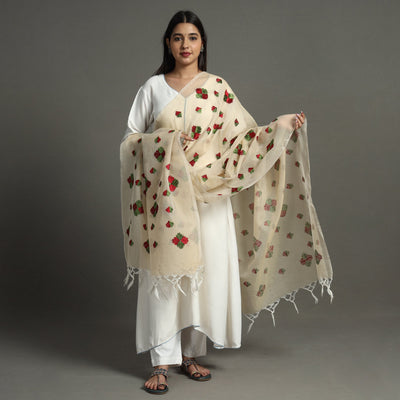 Beige - Phulkari Hand Embroidery Kota Doria Chanderi Silk Dupatta with Tassels 14