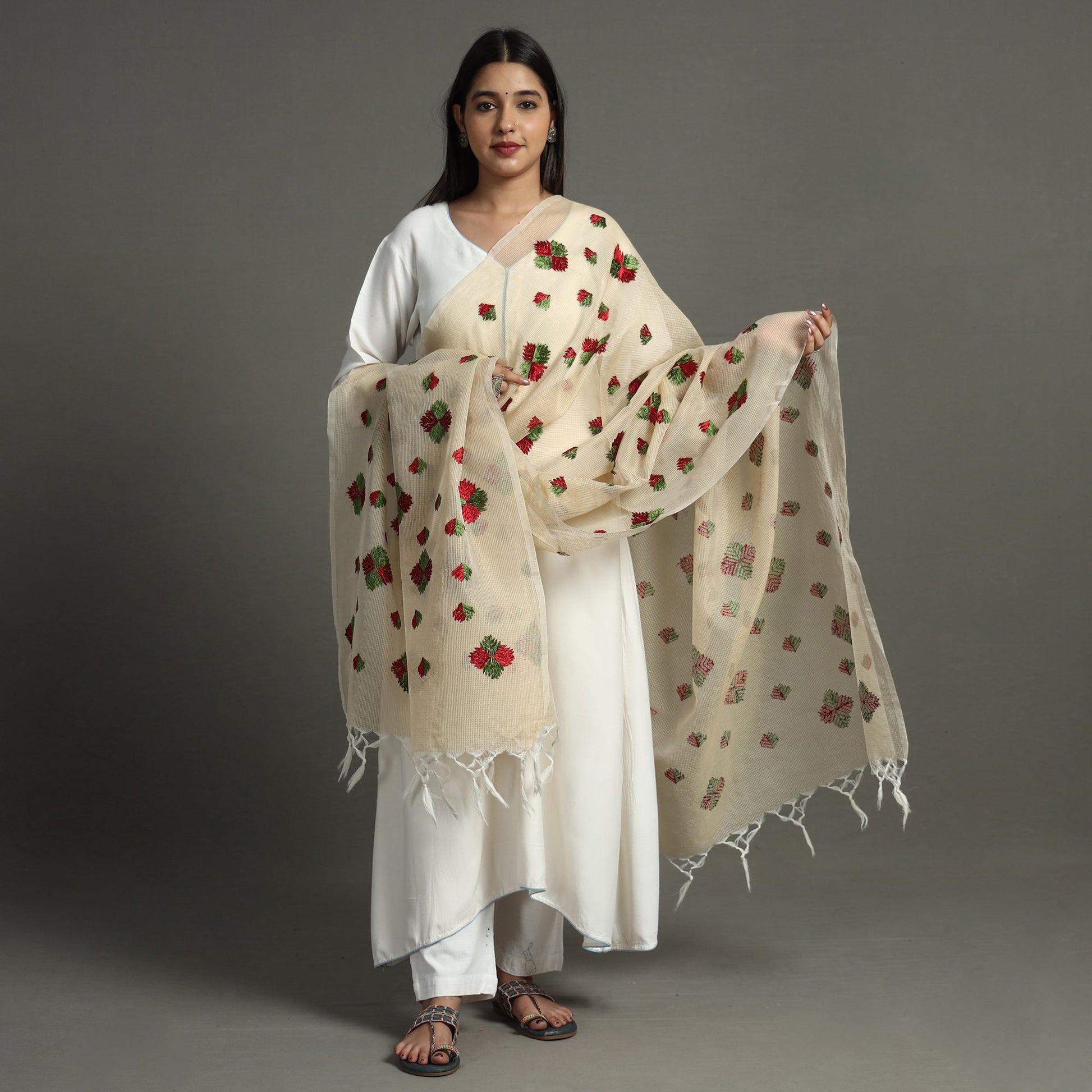 Beige - Phulkari Hand Embroidery Kota Doria Chanderi Silk Dupatta with Tassels 14