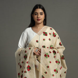 Beige - Phulkari Hand Embroidery Kota Doria Chanderi Silk Dupatta with Tassels 14