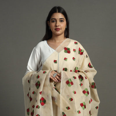 Beige - Phulkari Hand Embroidery Kota Doria Chanderi Silk Dupatta with Tassels 14