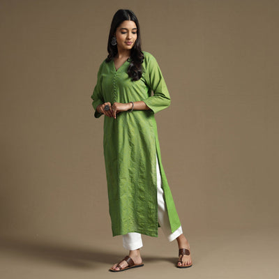 Apple Green Plain Cotton Tagai Work Long Kurta