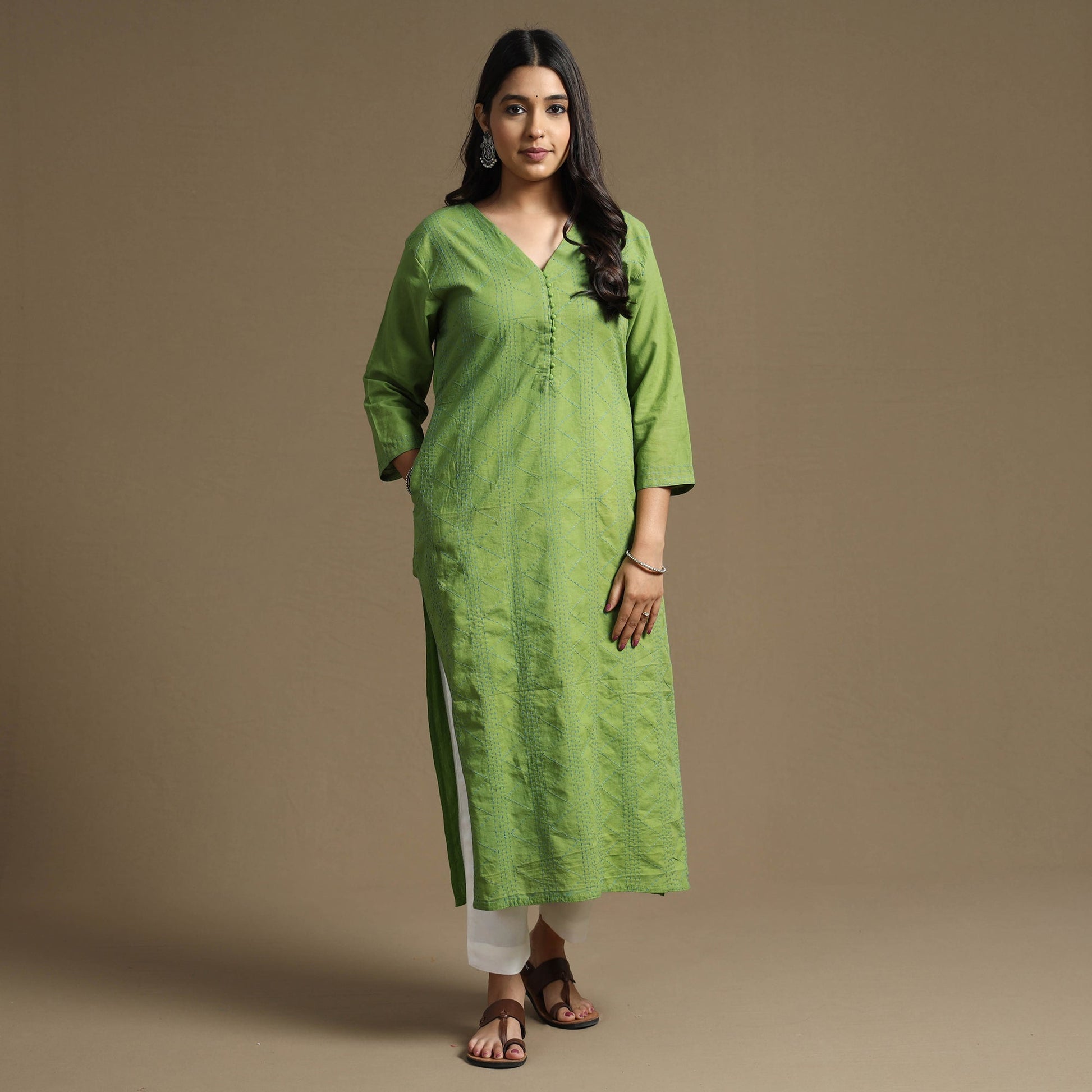 Apple Green Plain Cotton Tagai Work Long Kurta