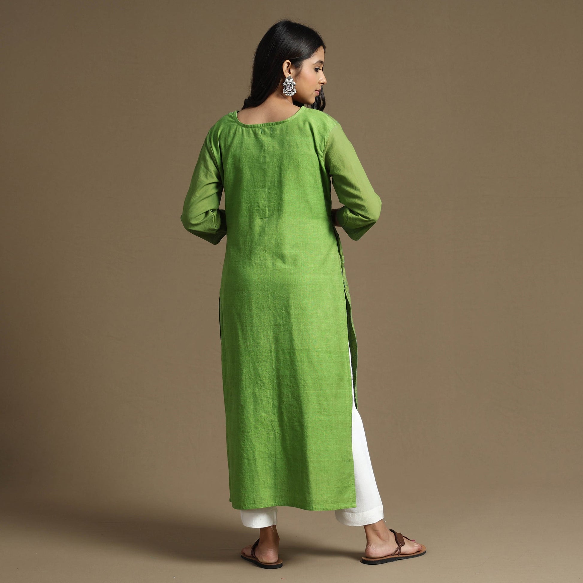 Apple Green Plain Cotton Tagai Work Long Kurta