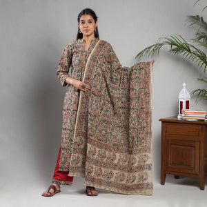 Brown - Kalamkari Block Printing Cotton Kurta with Palazzo & Dupatta Set
