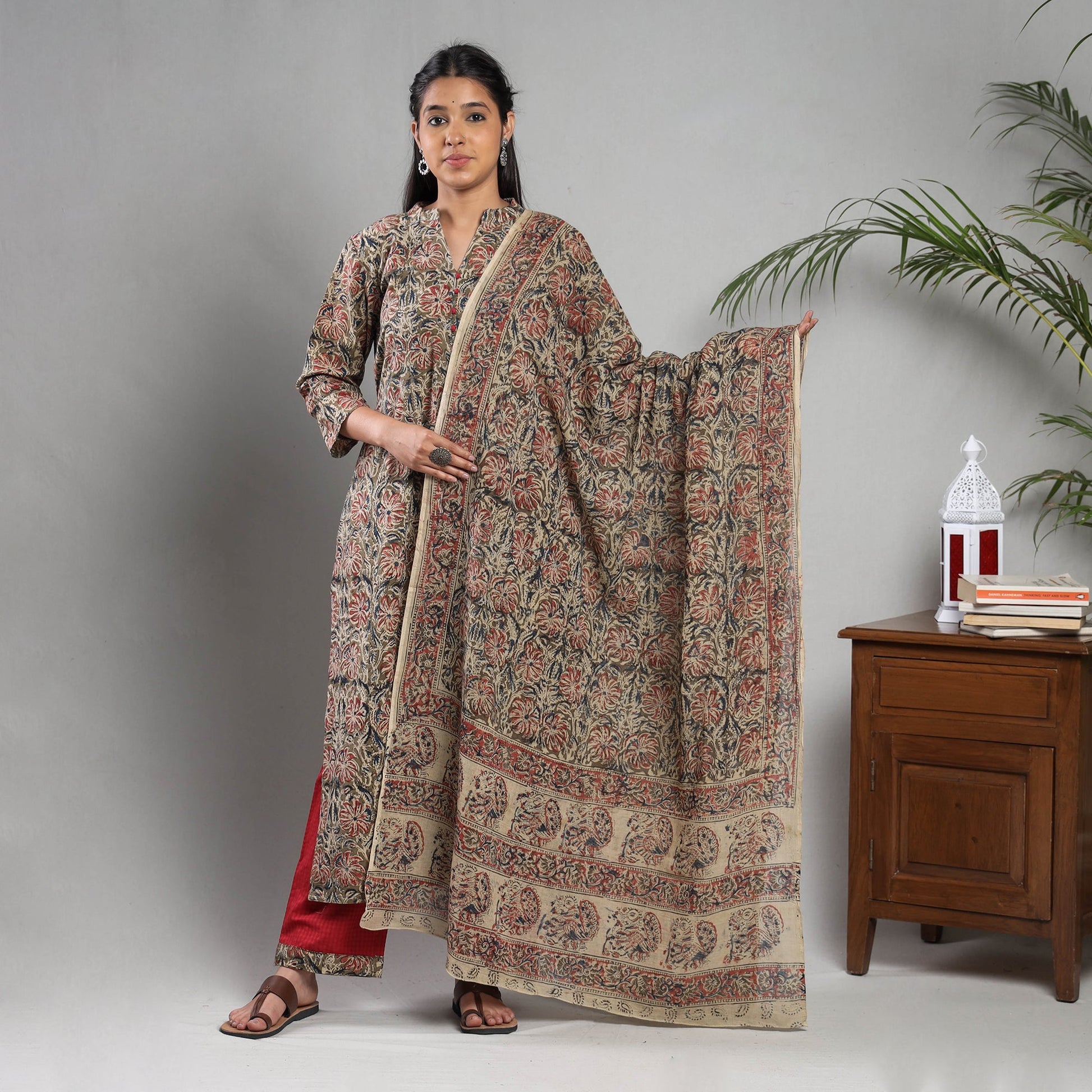 Brown - Kalamkari Block Printing Cotton Kurta with Palazzo & Dupatta Set
