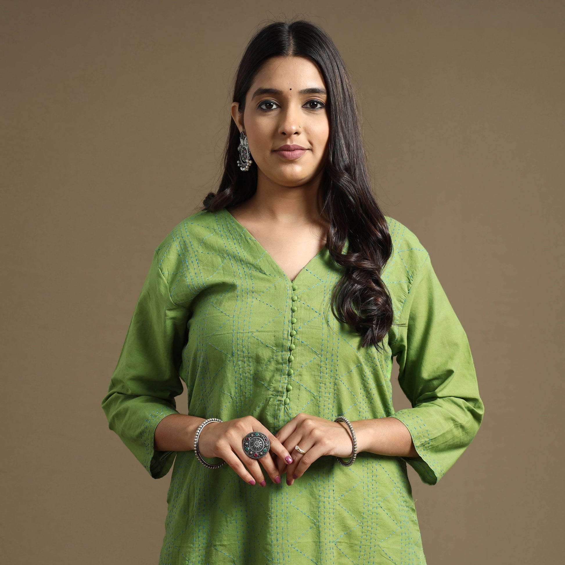 Apple Green Plain Cotton Tagai Work Long Kurta
